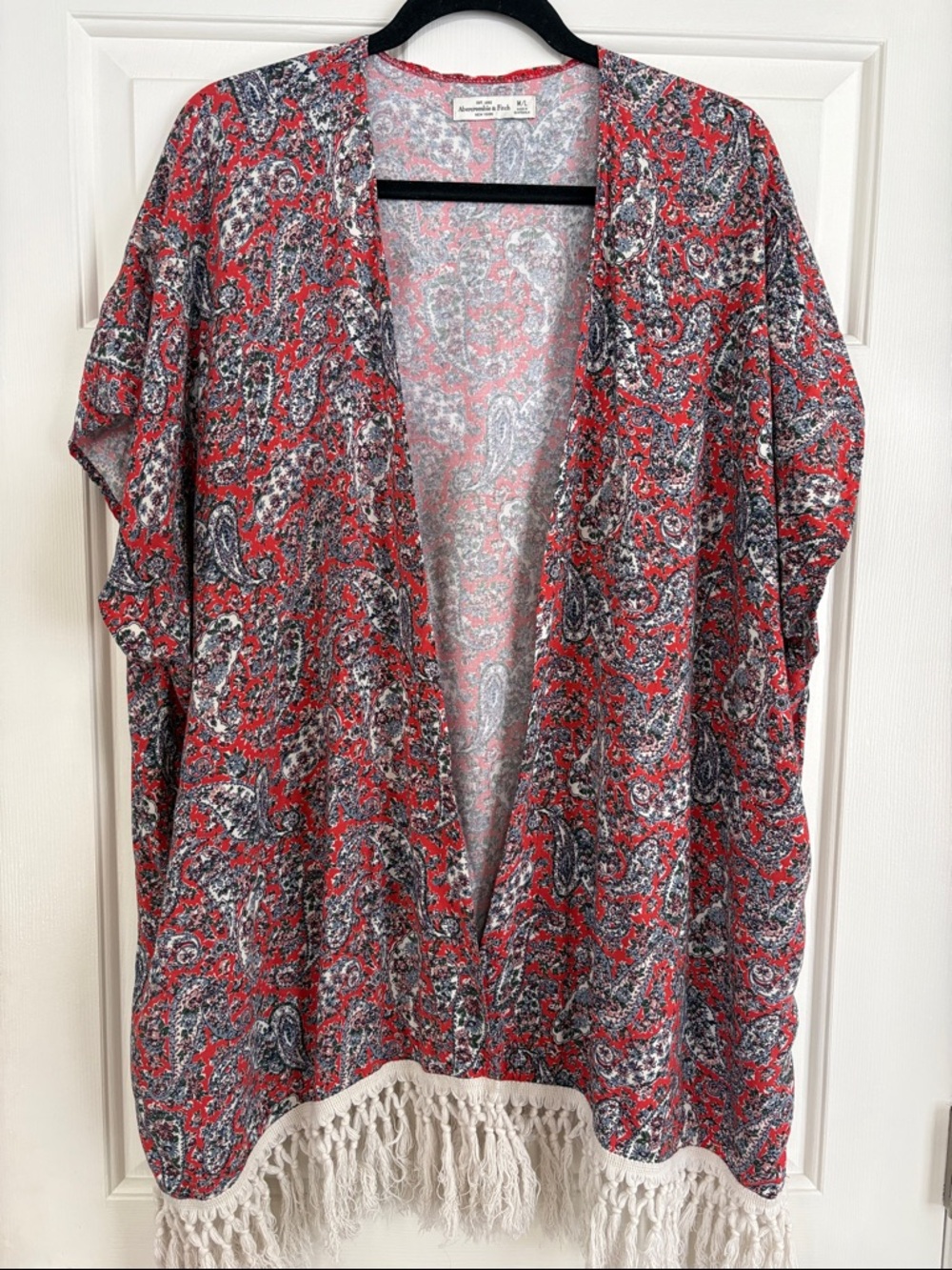Abercrombie & Fitch Red Paisley Open-Front Fringe Kimono